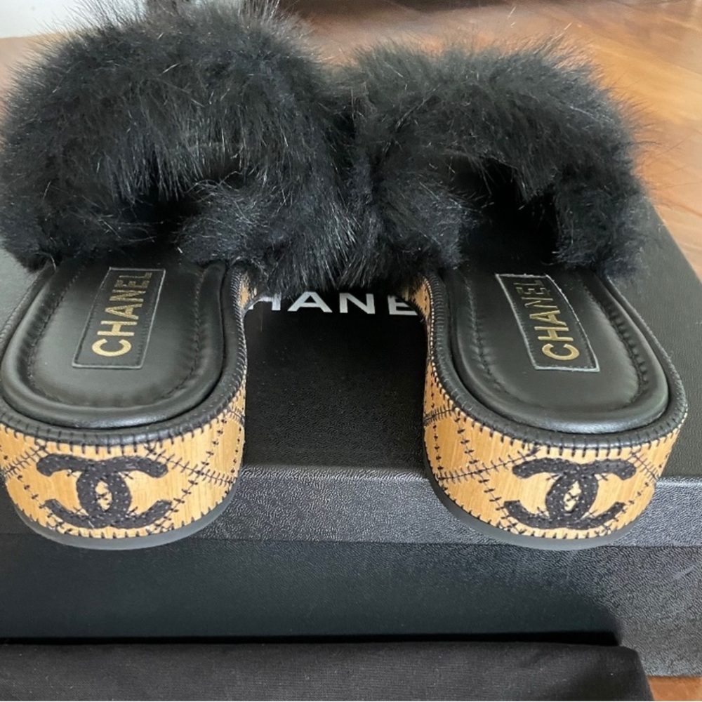 Chanel CC 22B Logo Fur Shearling Slides Sandals 36.5